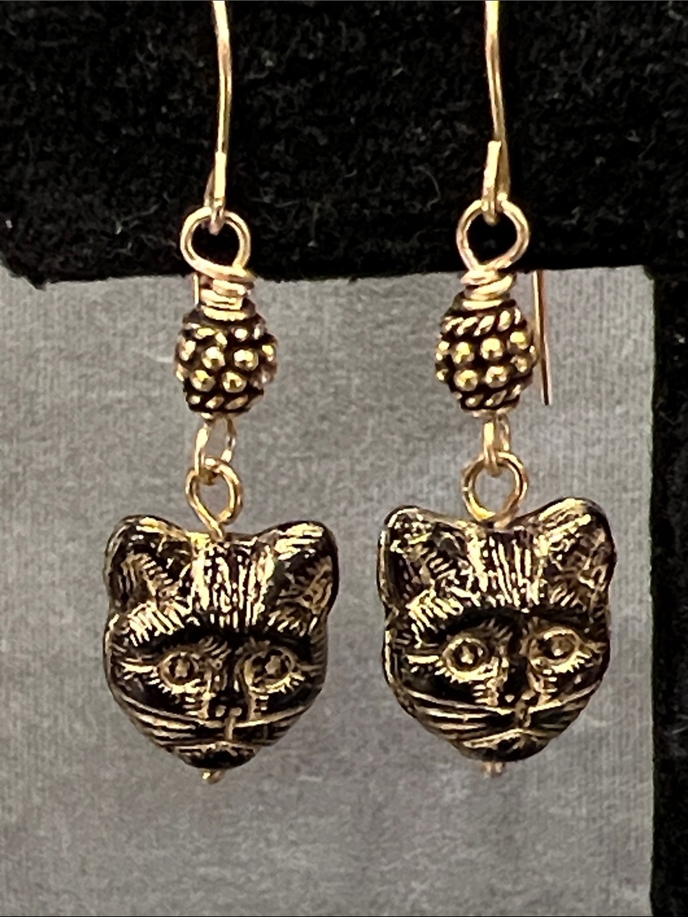 Pretty Kitty dangle earrings, Czech glass cat beads, gold filled ear wires